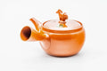 Red shudei Tokoname kyusu, three-quarter view with the spout to the right and handle to the left