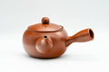 Japanese Tea Set - Bamboo Engraved Tokoname-yaki Debeso Kyusu Teapot with 4 Yunomi Teacups - side view showing the side handle and engraved bamboo
