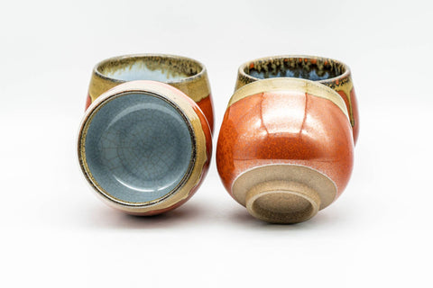 Japanese Tea Set - Red Drip-Glazed Agano-yaki Dobin Teapot and 4 Yunomi Teacups - two yunomi teacups from above showing glazed interiors