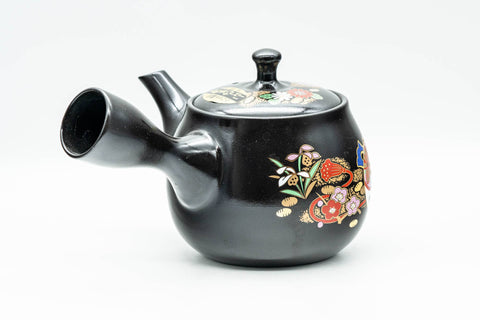 Japanese Kyusu - Floral Black Kurodei Tokoname-yaki Teapot - 400ml - Tezumi