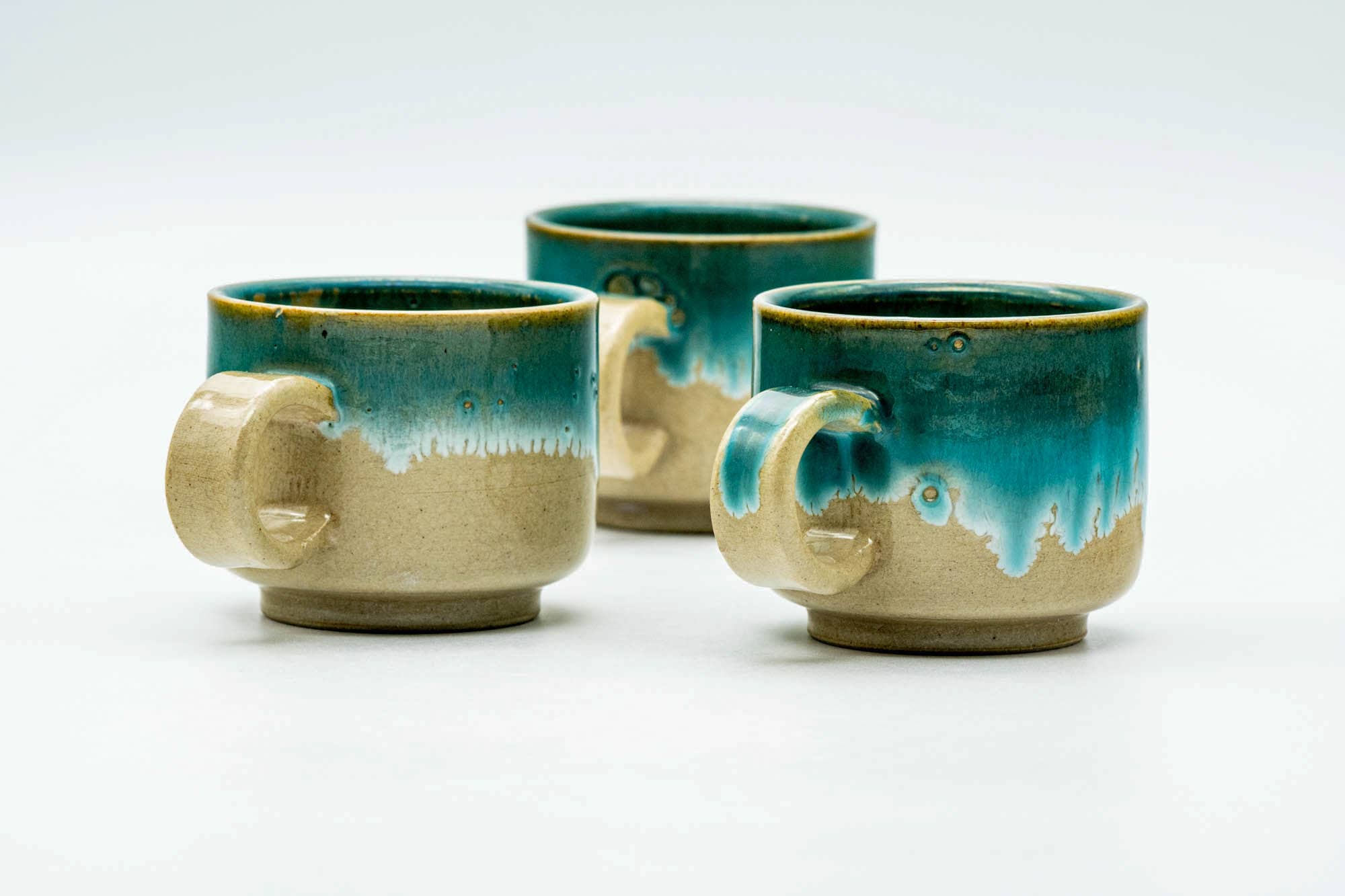 Japanese Teacups - Set of 3 Turquoise Drip-Glazed Agano-yaki Yunomi - 120ml