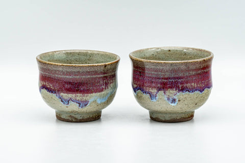 Japanese Teacups - Pair of Blue Purple Drip-Glazed Yunomi - 90ml - both cups shown together, front view