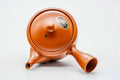 Overhead view of the red shudei Tokoname kyusu showing the lid knob and spout