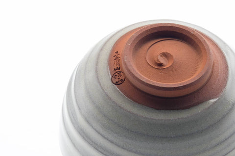 Tezumi — Japanese Matcha Bowl - Milky Grey White Glazed Spiraling Kiyomizu-yaki Chawan - 400ml — inverted showing the foot ring