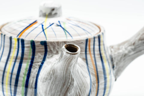 Tezumi — Japanese Kyusu - Brush Glazed Colorful Stripes Debeso Teapot - 250ml — side profile showing the spout and handle