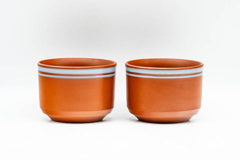 Japanese Teacups - Pair of Grey Striped Tokoname-yaki Yunomi - 90ml - front view of the pair