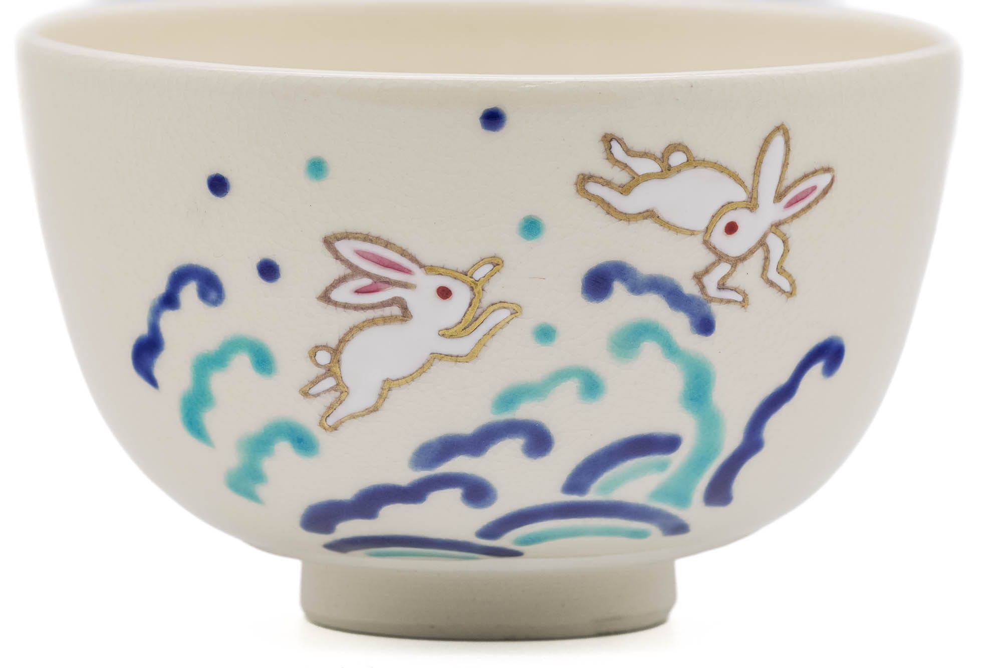 Japanese Matcha Bowl - 小野志峰 Shihō Ono - Blue Waves White Rabbits Nami Usagi Kyo-yaki Chawan - 300ml