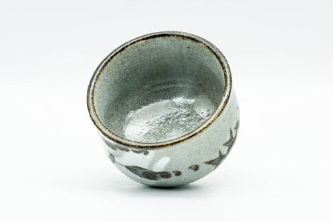 Japanese Teacup - Tiny Floral Grey Glazed Guinomi - 45ml - tilted view showing the interior and rim