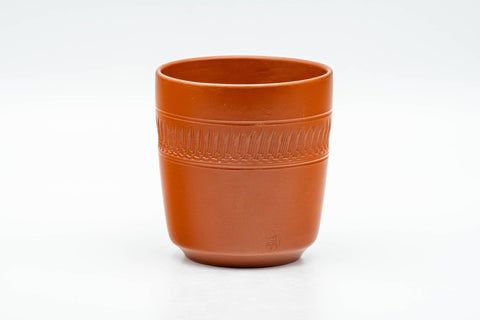 Tezumi — Japanese Teacups - Set of 5 Red Shudei Tochiri Engraved Tokoname-yaki Yunomi - 110ml — front view from another angle