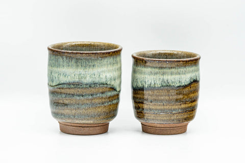 Japanese Teacups - Pair of Beige Hare's Fur Drip-Glazed Lidded Meoto Yunomi with Wooden Box