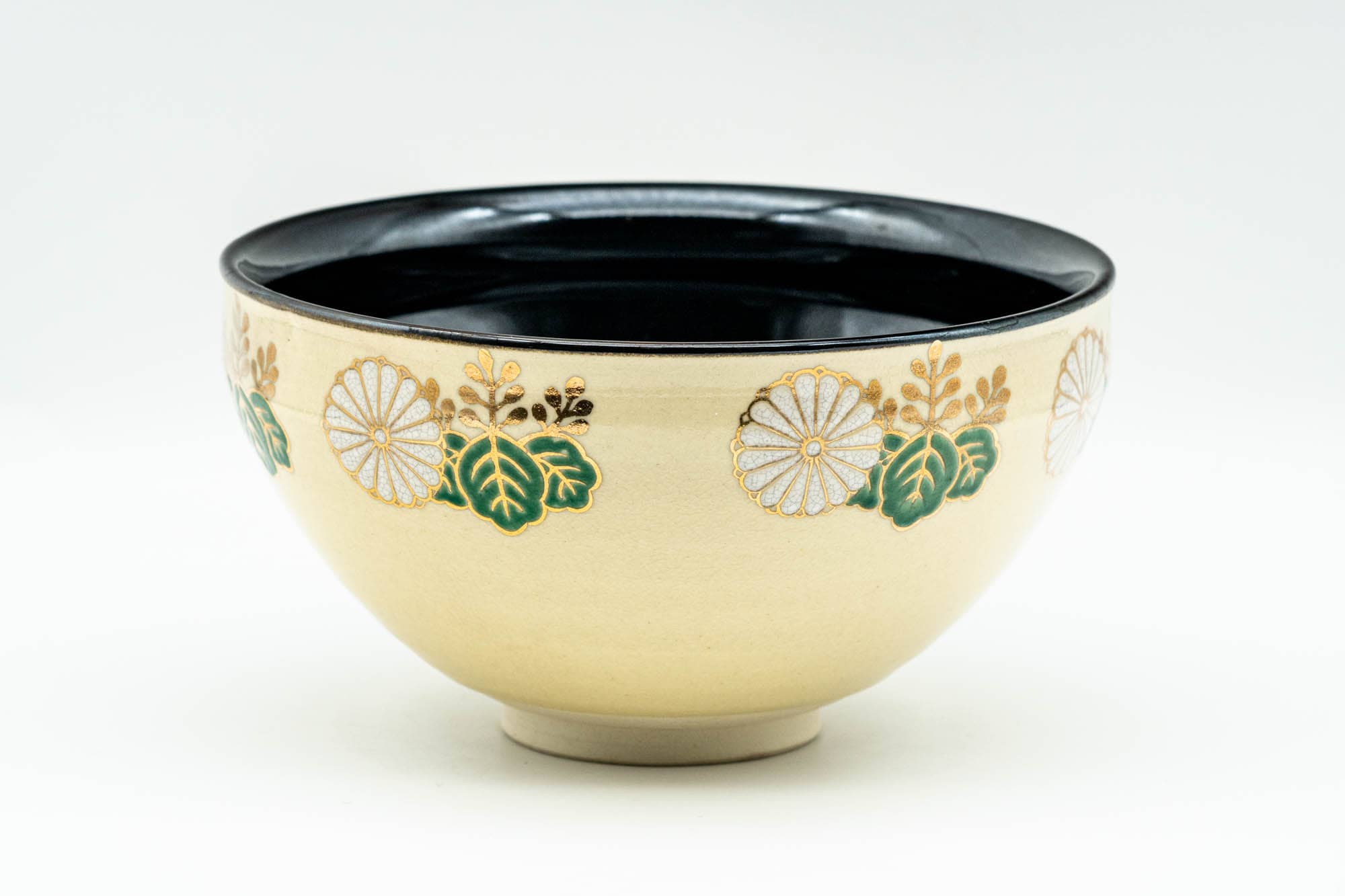 Japanese Matcha Bowl - 貴山 Kiyama - Gold Floral Black Inner-Glazed Kyo-yaki Chawan - 200ml