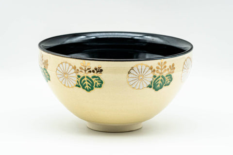 Japanese Matcha Bowl - 貴山 Kiyama - Gold Floral Black Inner-Glazed Kyo-yaki Chawan - 200ml
