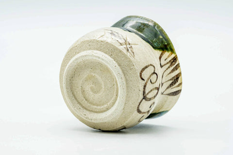 Japanese Teacup - Floral Beige Green Drip-Glazed Oribe-yaki Yunomi - 110ml