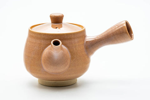 Japanese Kyusu - Pink Hagi-yaki Ceramic Filter Teapot - 300ml - front view, lid on, spout pointing left