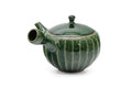 Green faceted Oribe Tokoname teapot, side view showing the spout