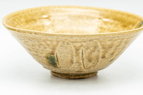 Tezumi — Japanese Matcha Bowl - Yellow Irabo Hira-gata Summer Chawan - 150ml — tipped to show the interior