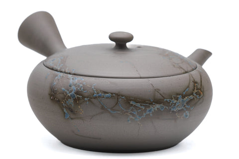 Mogake yakishime unglazed Tokoname kyusu teapot with side handle - high-angle view showing the body and side handle