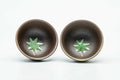 Pair of small dark brown cups shown side by side, each interior decorated with a green leaf motif.