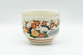 Japanese Teacup - Beige Red Chrysanthemums Kutani-yaki Yunomi - 130ml - front view showing chrysanthemum motif
