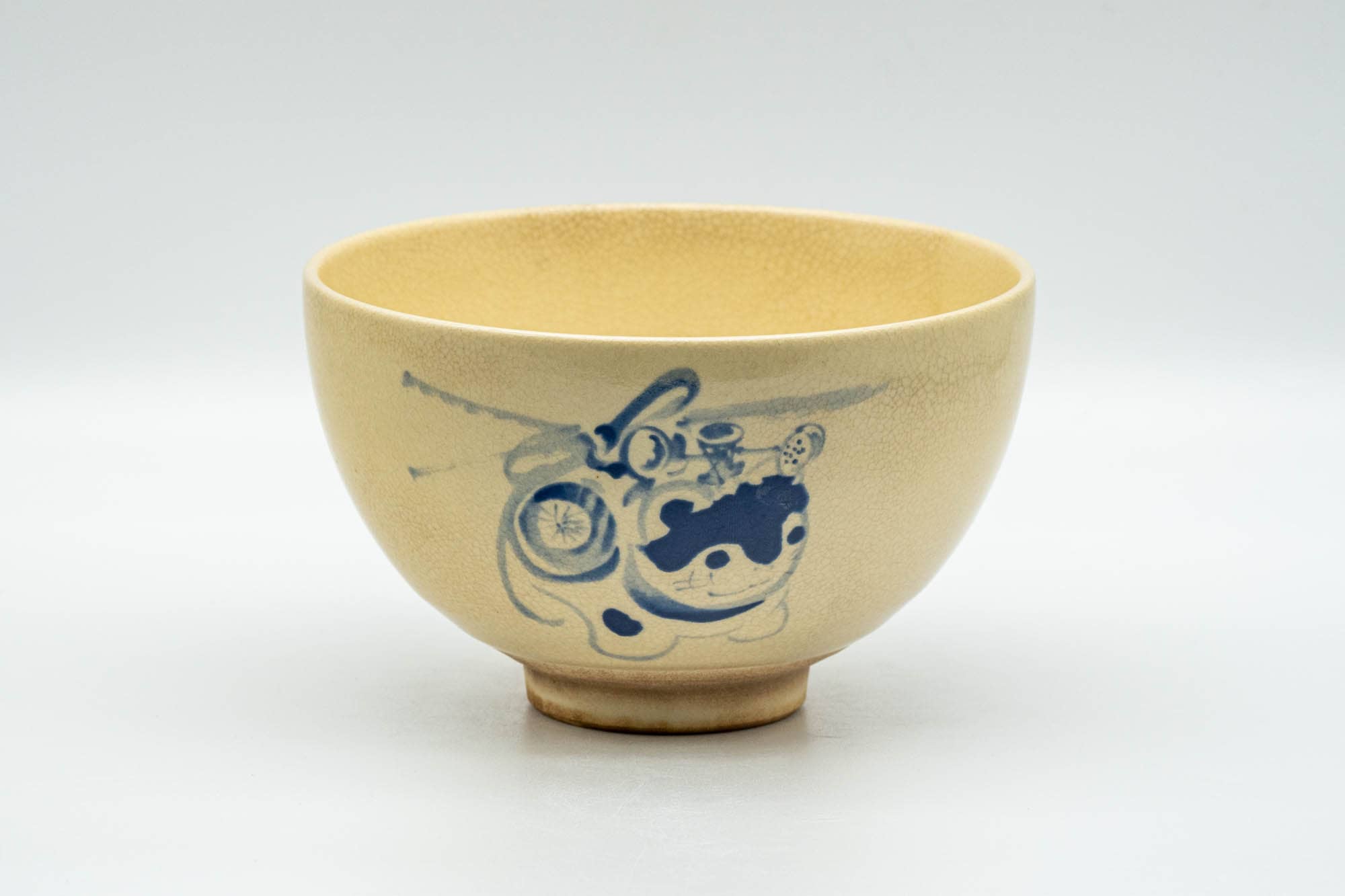 Japanese Matcha Bowl - Beige Blue Cat Kyo-yaki Chawan - 350ml - Tezumi