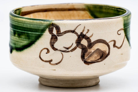 Japanese Matcha Bowl - Beige Green Gourd Oribe-yaki Chawan - 400ml