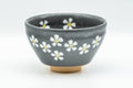 Japanese Matcha Bowl - Small Floral Grey Celadon-Glazed Tenmoku-gata Chawan 200ml - front view showing the white floral design