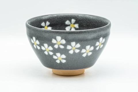 Japanese Matcha Bowl - Small Floral Grey Celadon-Glazed Tenmoku-gata Chawan 200ml - front view showing the white floral design
