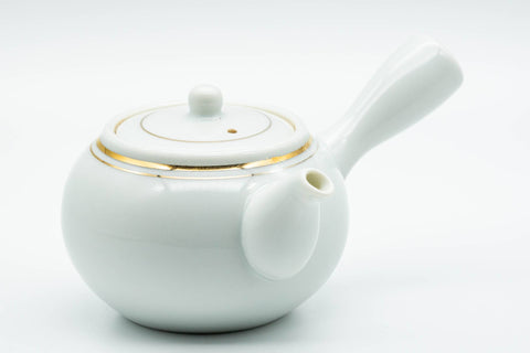 Japanese Kyusu - White Porcelain Gold Trim Arita-yaki Debeso Teapot - 140ml - side view showing the handle and body