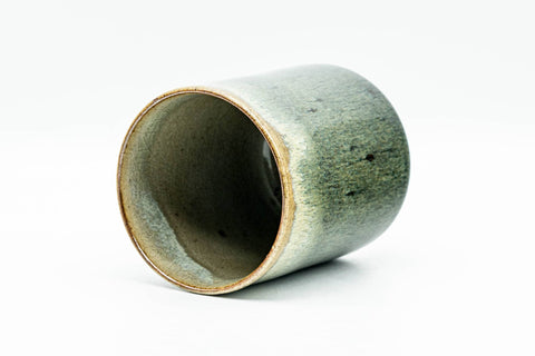Japanese Teacup - Green Hare's Fur Drip-Glazed Yunomi - 190ml - tilted view looking down into the pale interior and rim