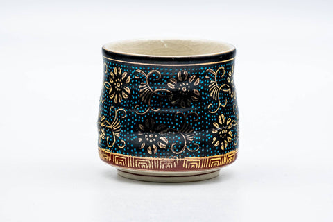 Japanese Teacup - Aochiba Blue Gold Floral Kutani-yaki Yunomi - 170ml