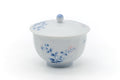 Three-quarter view of the lidded cup showing the blue floral motif.