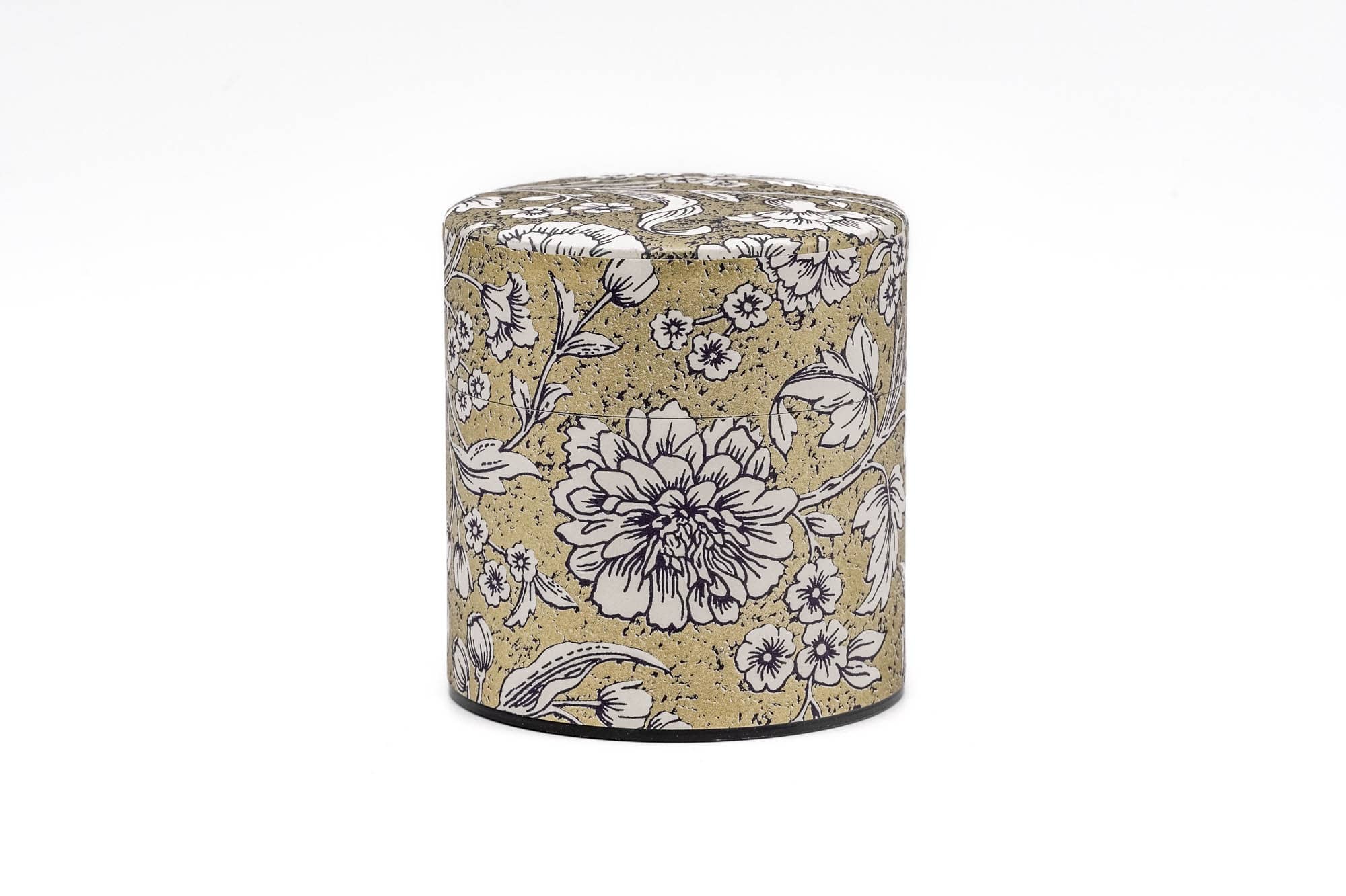 Japanese Chazutsu - 江東堂 Kotodo - Gold White Floral Washi Wrapped Metal Tea Canister - 100g
