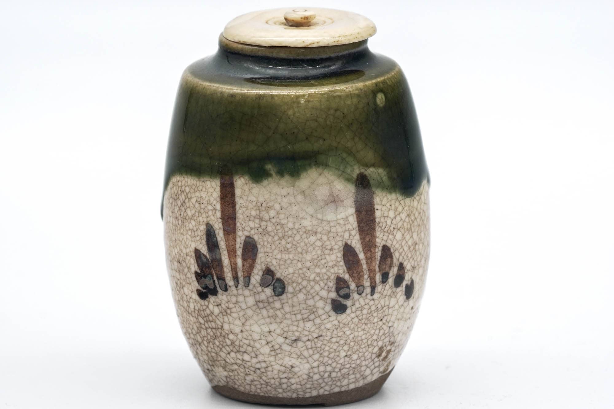 Japanese Chaire - Beige Green Oribe-yaki Tea Jar with Shifuku