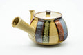 Japanese Kyusu - Beige Colourfully Striped Ceramic Filter Teapot - 400ml - side view with the tubular side handle facing the camera, spout to the left