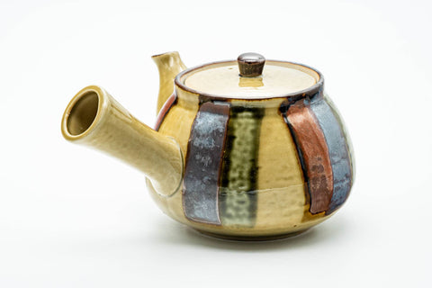Japanese Kyusu - Beige Colourfully Striped Ceramic Filter Teapot - 400ml - side view with the tubular side handle facing the camera, spout to the left