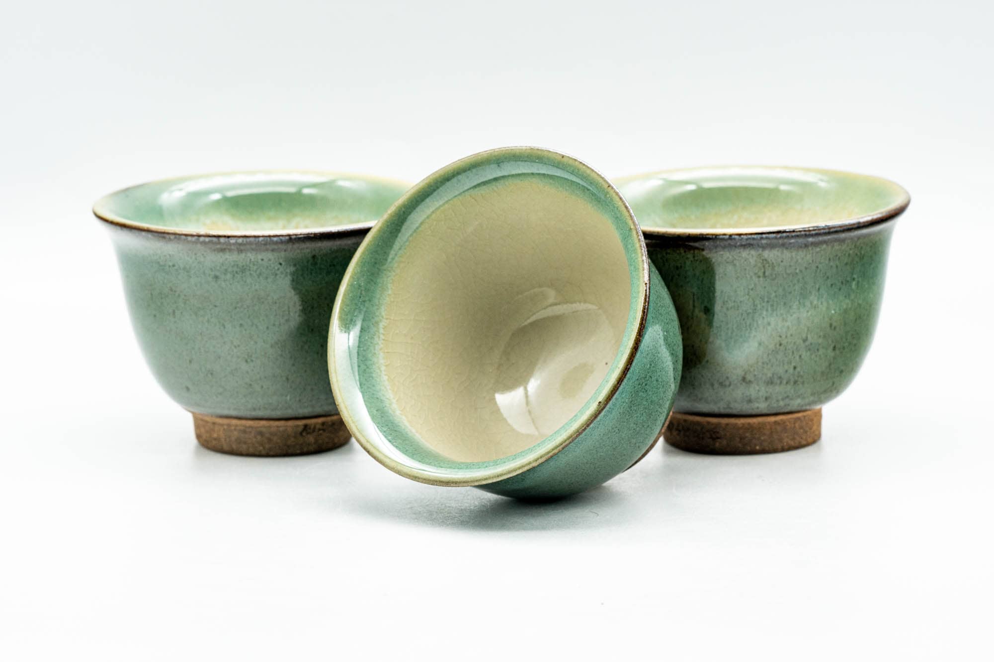 Japanese Teacups - Set of 3 Green Beige Inner-Glazed Agano-yaki Yunomi - 80ml