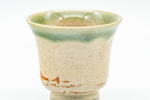 Japanese Teacups - Set of 5 Beige Green Glazed Guinomi - 40ml - front view of a single cup showing the green overglaze