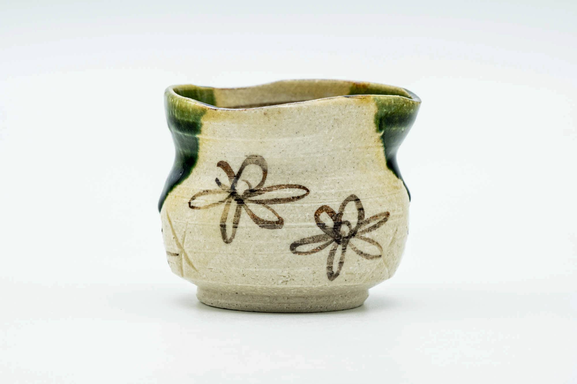Japanese Teacup - Floral Beige Green Drip-Glazed Oribe-yaki Yunomi - 110ml