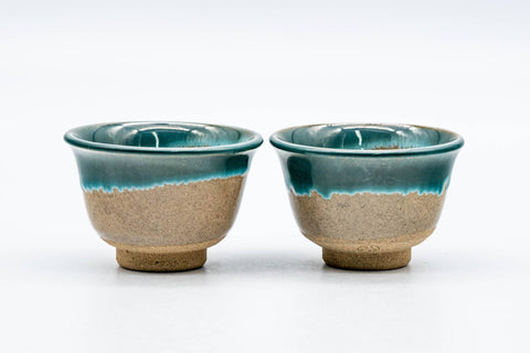 Japanese Teacups - Pair of Beige Green Drip-Glazed Agano-yaki Yunomi - 60ml
