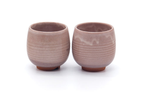 Tezumi — Japanese Teacups - Pair of Purple Hagi Meoto Yunomi — front view from another angle