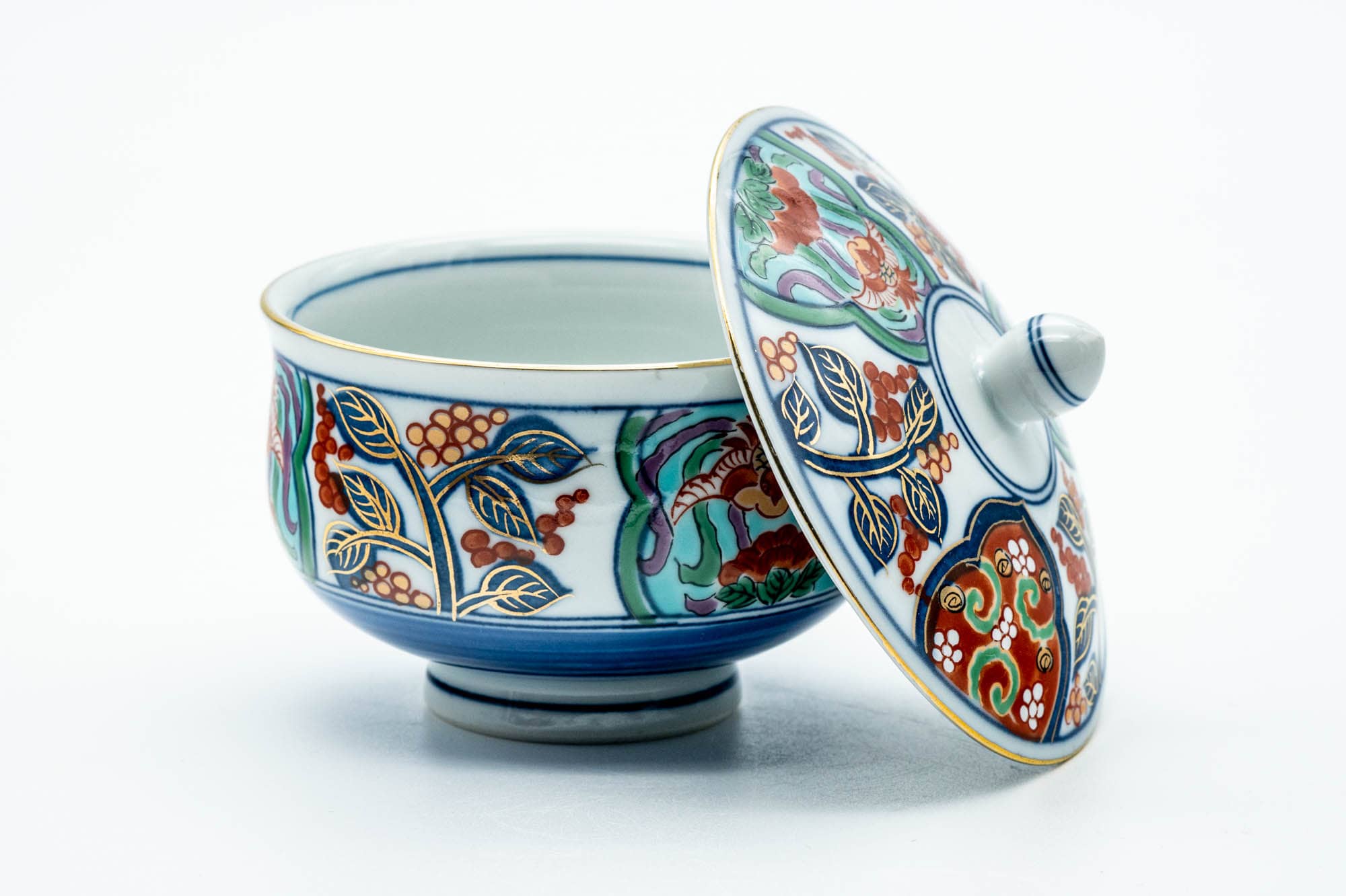 Japanese Teacup - Blue Gold Floral Arita-yaki Lidded Yunomi - 160ml