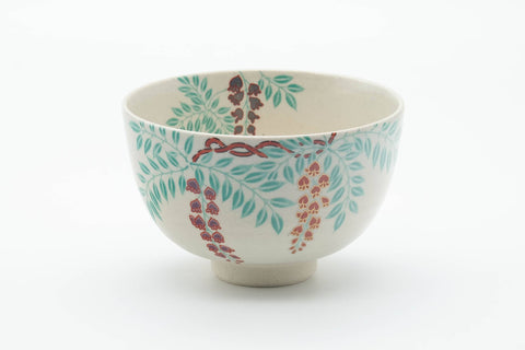 Japanese Matcha Bowl - Green Red Floral Kyo-yaki Chawan - 400ml