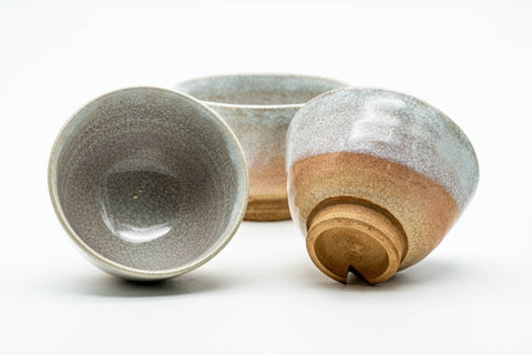 Japanese Teacups - Set of 3 Beige White Glazed Weathered Hagi-yaki Yunomi - 90ml