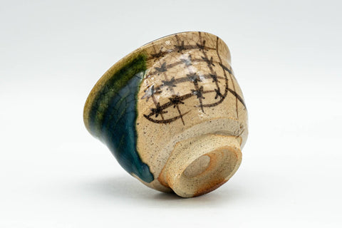 Japanese Teacup - Floral Geometric Green Drip-Glazed Oribe-yaki Guinomi - 50ml