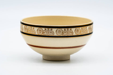 Japanese Matcha Bowl - Beige Floral Striped Kyo-yaki Chawan - 200ml