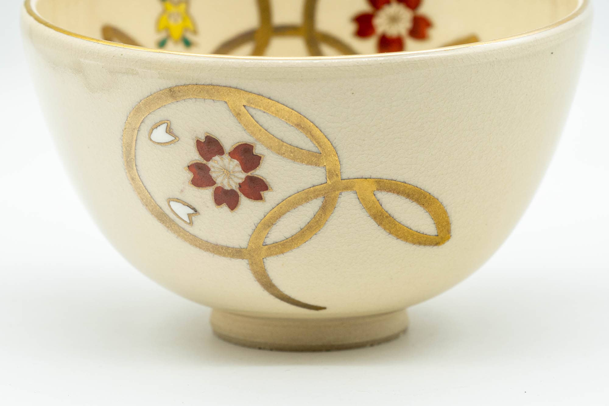 Japanese Matcha Bowl - Floral Geometric Gold Kyo-yaki Chawan - 300ml