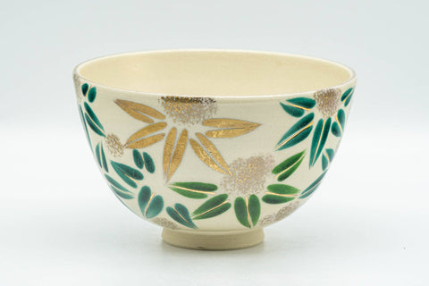 Tezumi — Japanese Matcha Bowl - Gold Green Floral Kyo-yaki Chawan - 300ml — front view from another angle