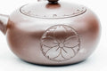 Side view of the Banko-yaki kyusu showing an engraved floral roundel on the body