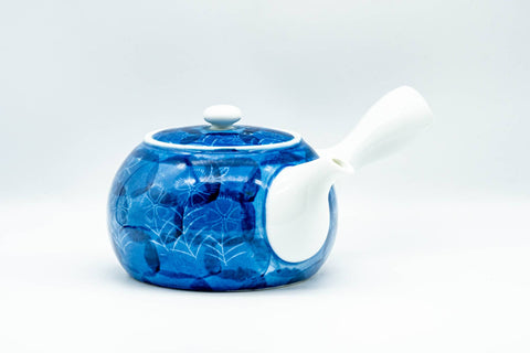 Japanese Kyusu - Blue Floral Porcelain Arita-yaki Debeso Teapot - front view showing the spout
