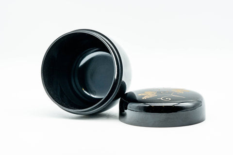 Japanese Natsume - Gold Floral Black Lacquer Matcha Tea Caddy - 80ml - lid removed, showing the open dark interior with the lid resting alongside